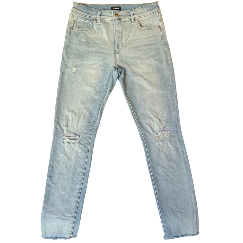 Express Women Skinny Jeans size 8/R Light Blue Mid Rise Stretch Frayed